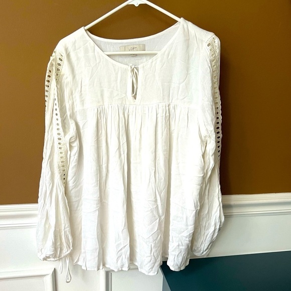 LOFT Tops - LOFT Women’s Peasant Boho White Open Sleeve Top Loose Fit Babydoll Size Large